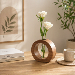 modern glass tube vase with wooden stand minimalist home decor