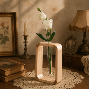 wooden table vase with glass tube planter