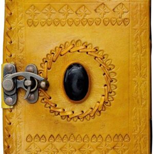 Handmade Pure Leather Bound Notebook with Lock Diary Journal and Luck Stone for Men and Women for Office Home Daily Use, Poem Writing (6X4 Inches , Yellow)