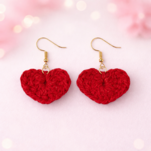 Crochet heart earrings for women in red color handmade lightweight jewelry