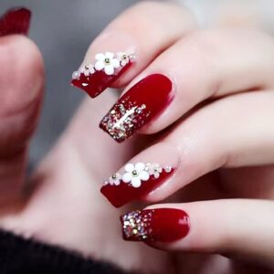 artificial nails set maroon floral glitter press on nails for women