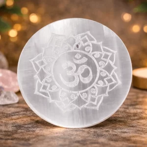 Round OM Selenite Charging Plate Spiritual Healing Tool